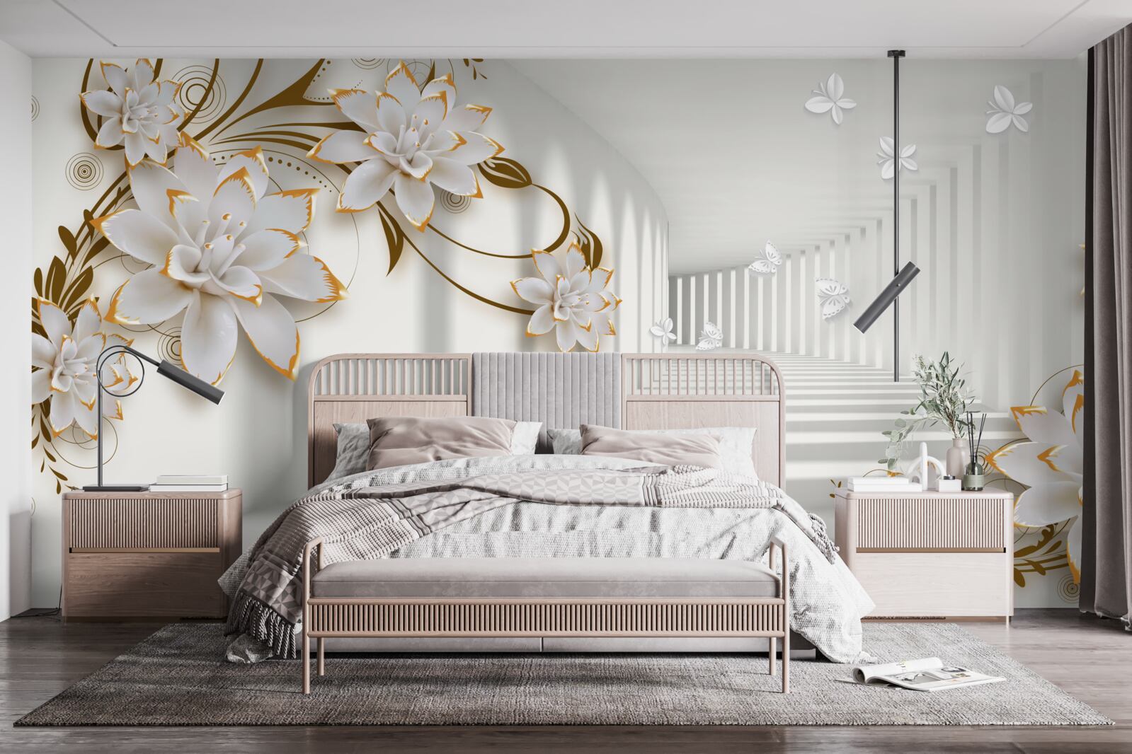 Fototapeta białe lotosy na abstrakcyjnym tle, ozdobione złotem