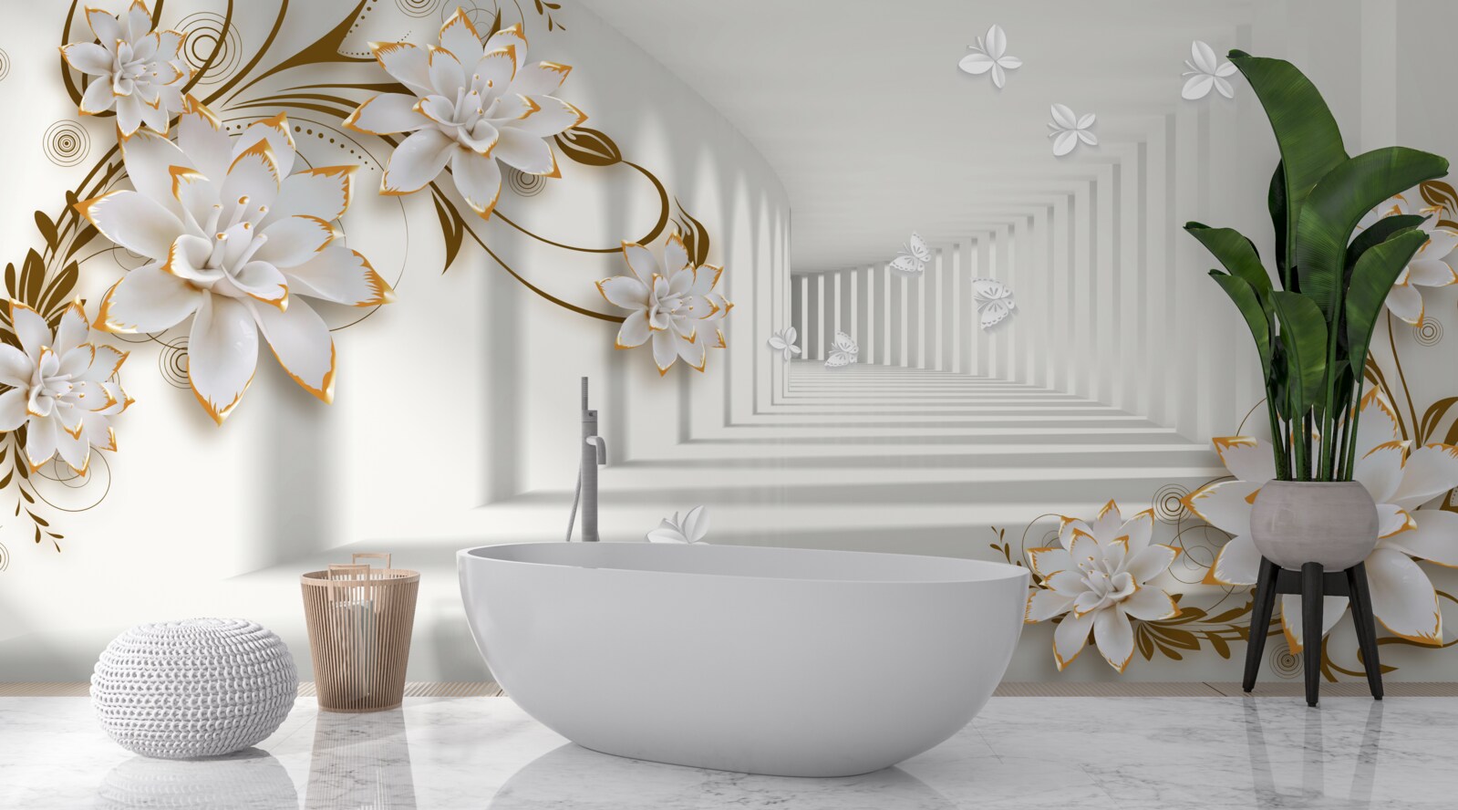 Fototapeta białe lotosy na abstrakcyjnym tle, ozdobione złotem