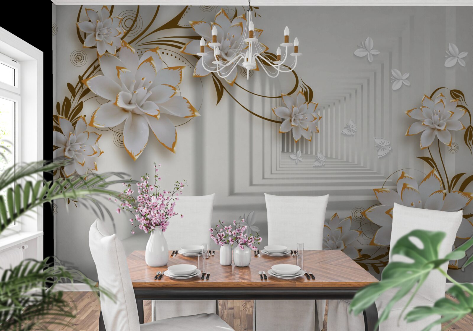 Fototapeta korytarz abstrakcji i złote lotosy