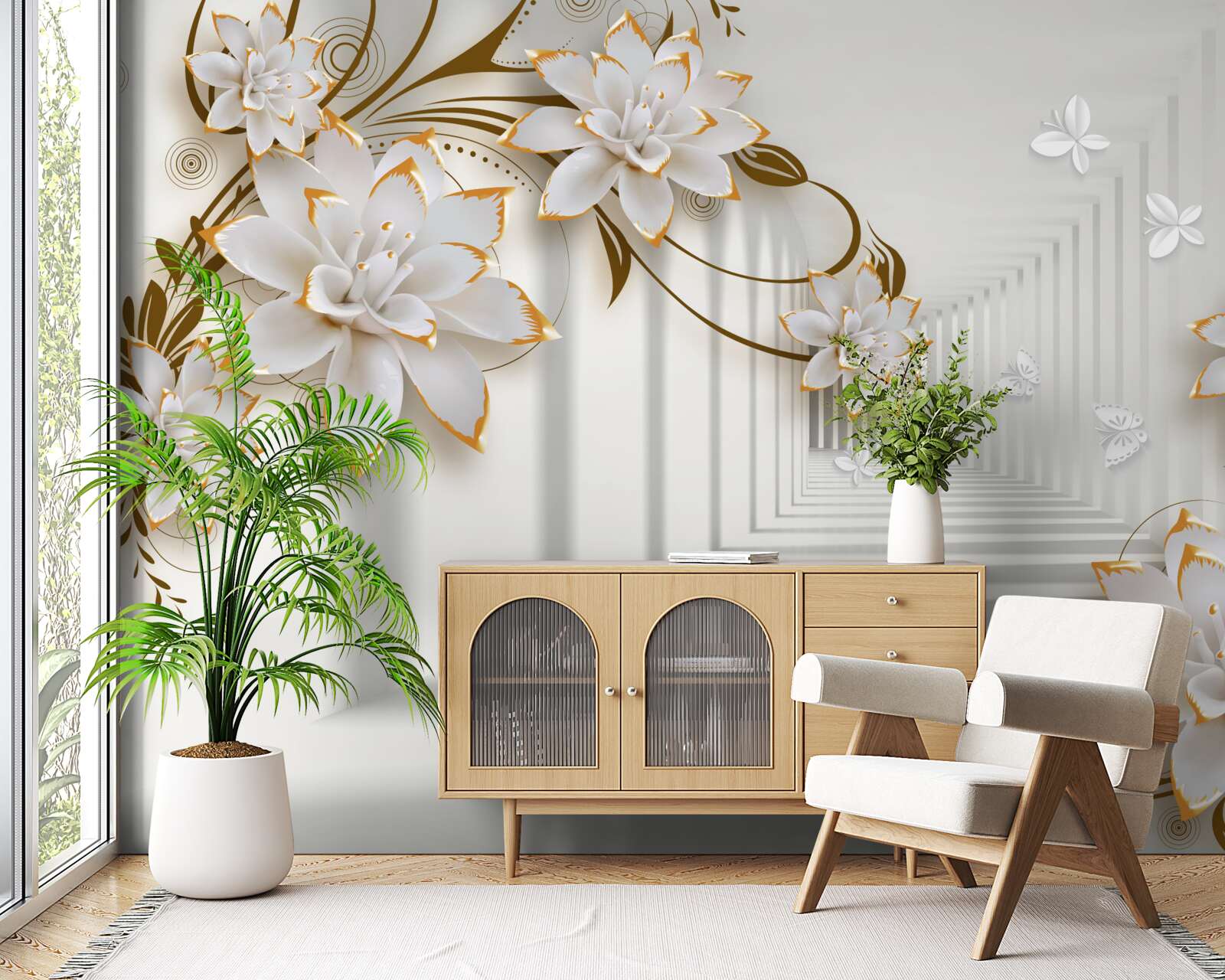 Fototapeta korytarz abstrakcji i złote lotosy