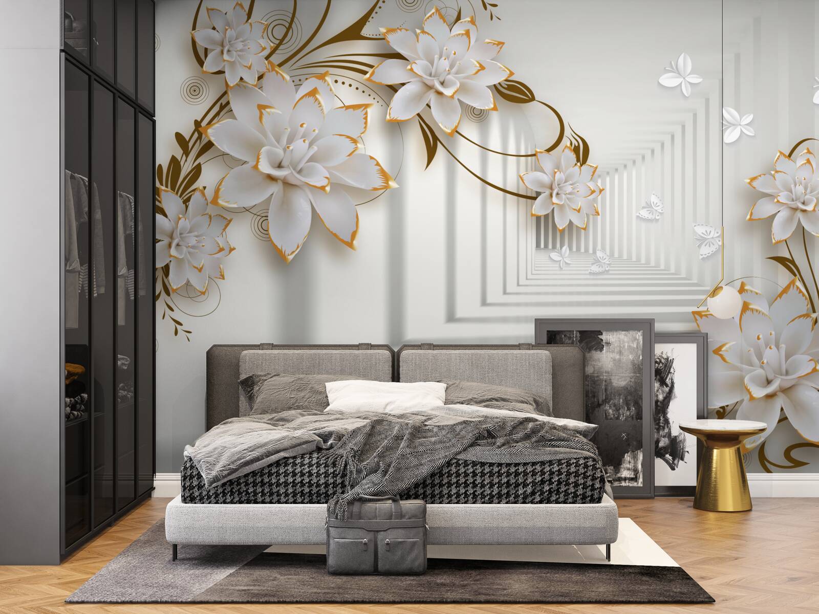 Fototapeta korytarz abstrakcji i złote lotosy