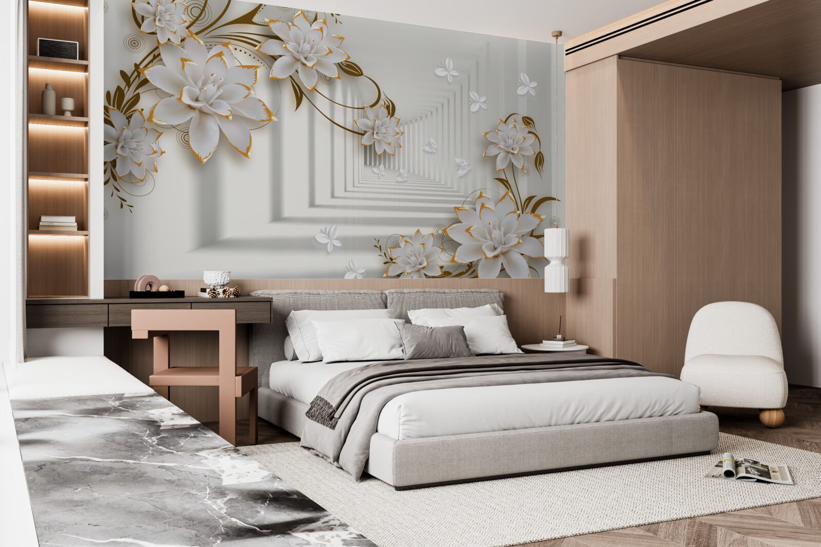 Fototapeta korytarz abstrakcji i złote lotosy