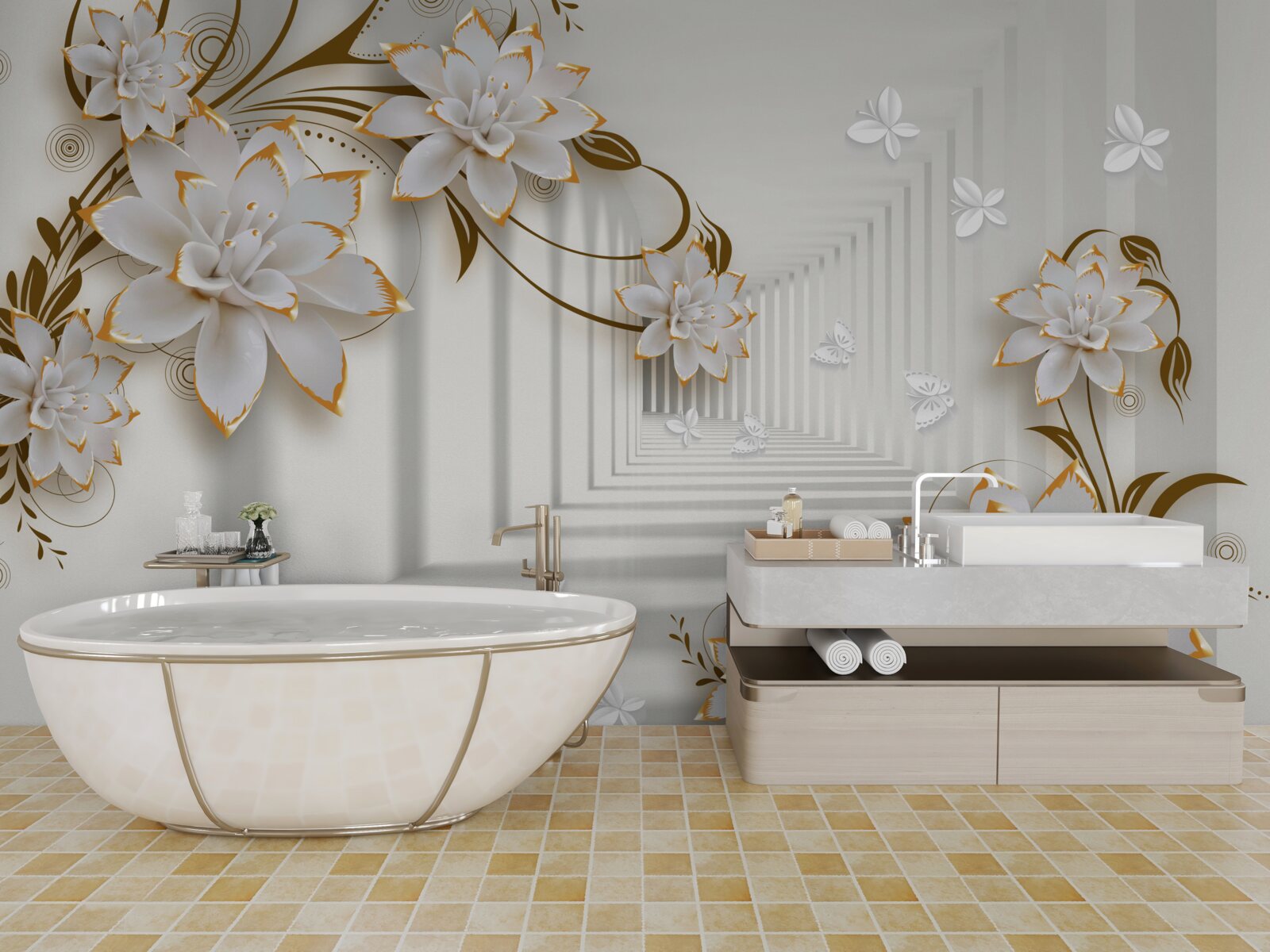 Fototapeta korytarz abstrakcji i złote lotosy