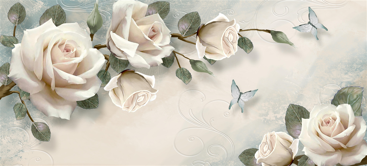 Fototapeta motyle przelatujące obok gałęzi kremowej róży