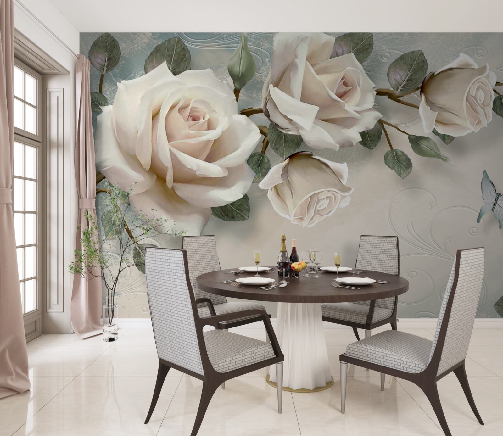 Fototapeta motyle przelatujące obok gałęzi kremowej róży