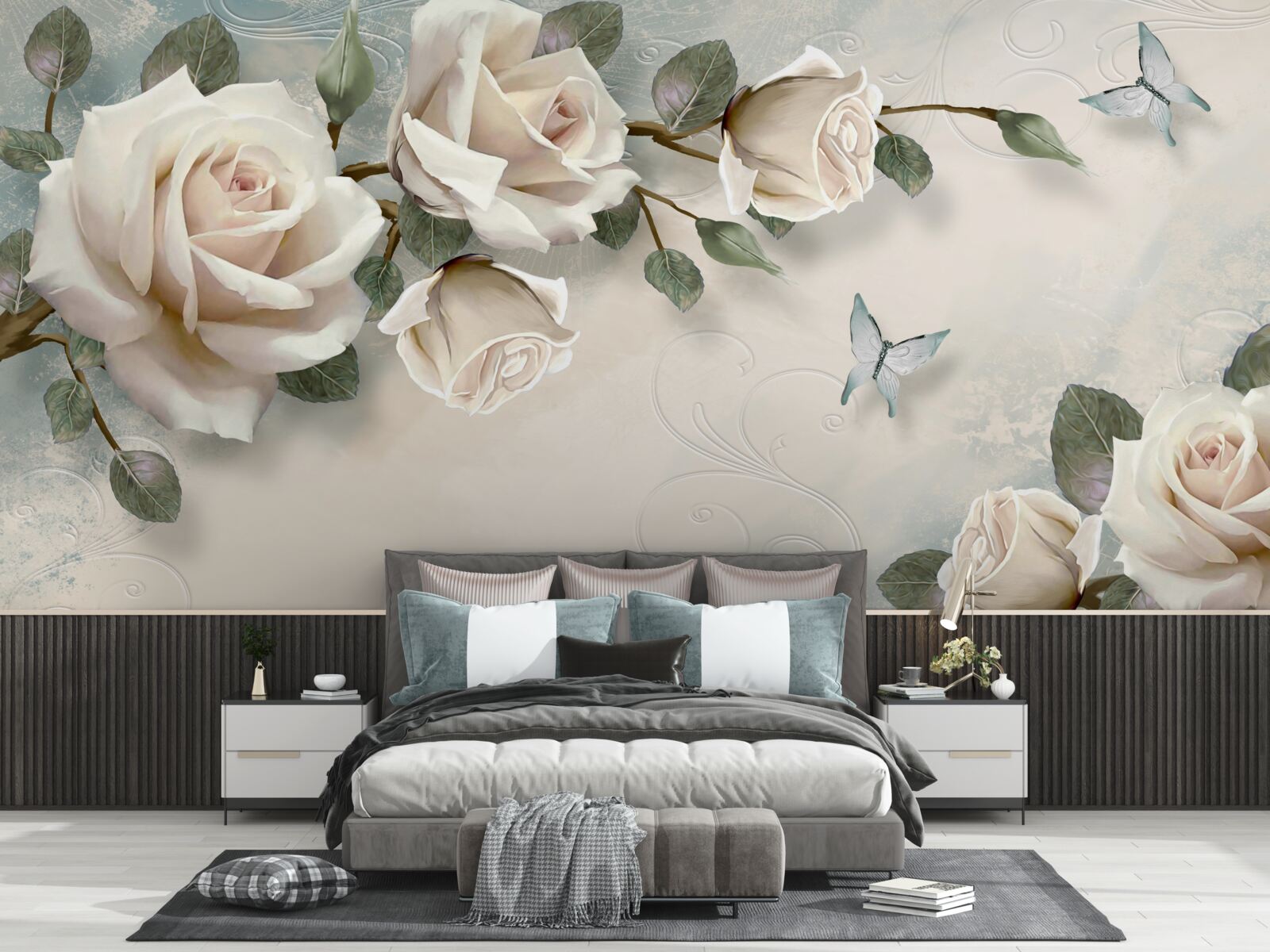 Fototapeta motyle przelatujące obok gałęzi kremowej róży