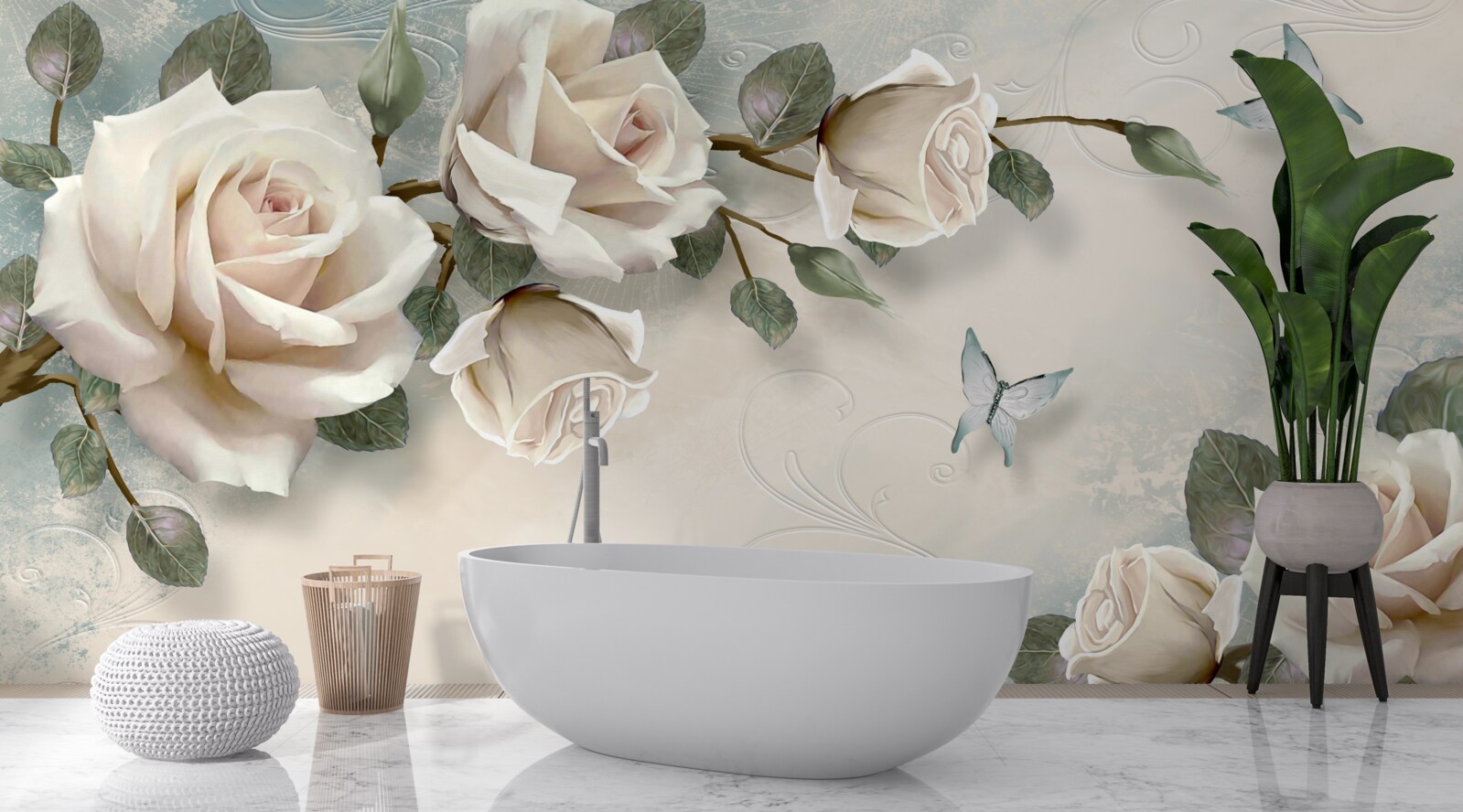 Fototapeta motyle przelatujące obok gałęzi kremowej róży