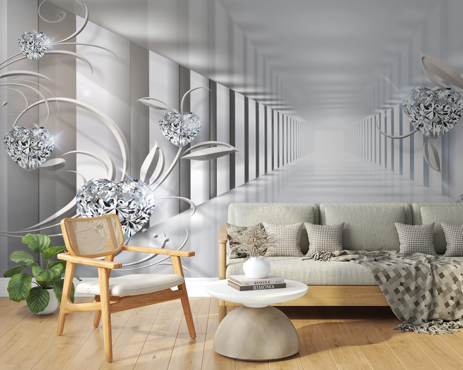 Fototapeta niekończący się korytarz, oświetlony jasnym światłem i ozdobami w postaci kwiatów