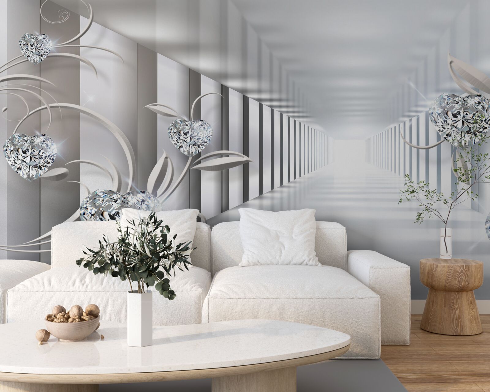 Fototapeta niekończący się korytarz, oświetlony jasnym światłem i ozdobami w postaci kwiatów