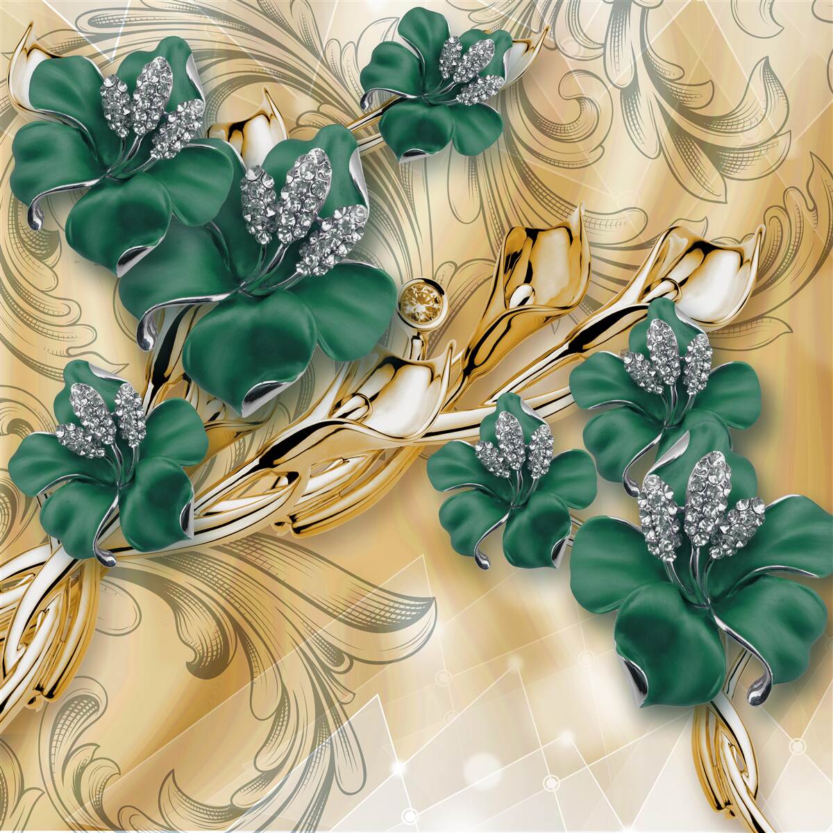 Fototapeta szmaragdowe kwiaty błyszczą w złotej oprawie