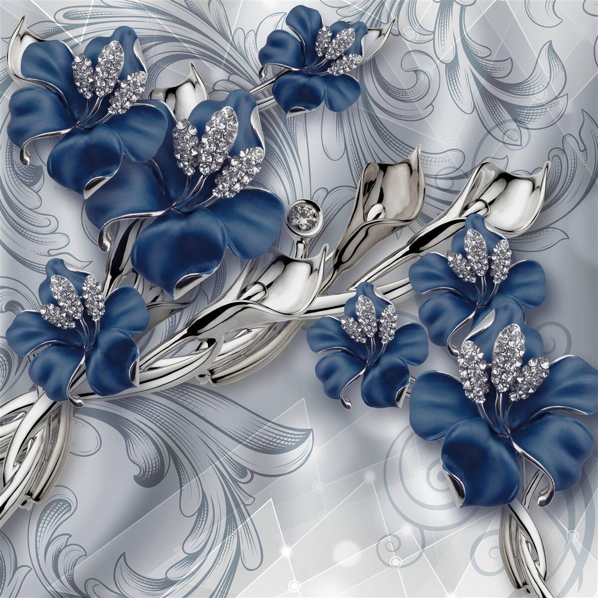 Fototapeta niebieskie kwiaty ze złotymi gałęziami i kamiennymi elementami