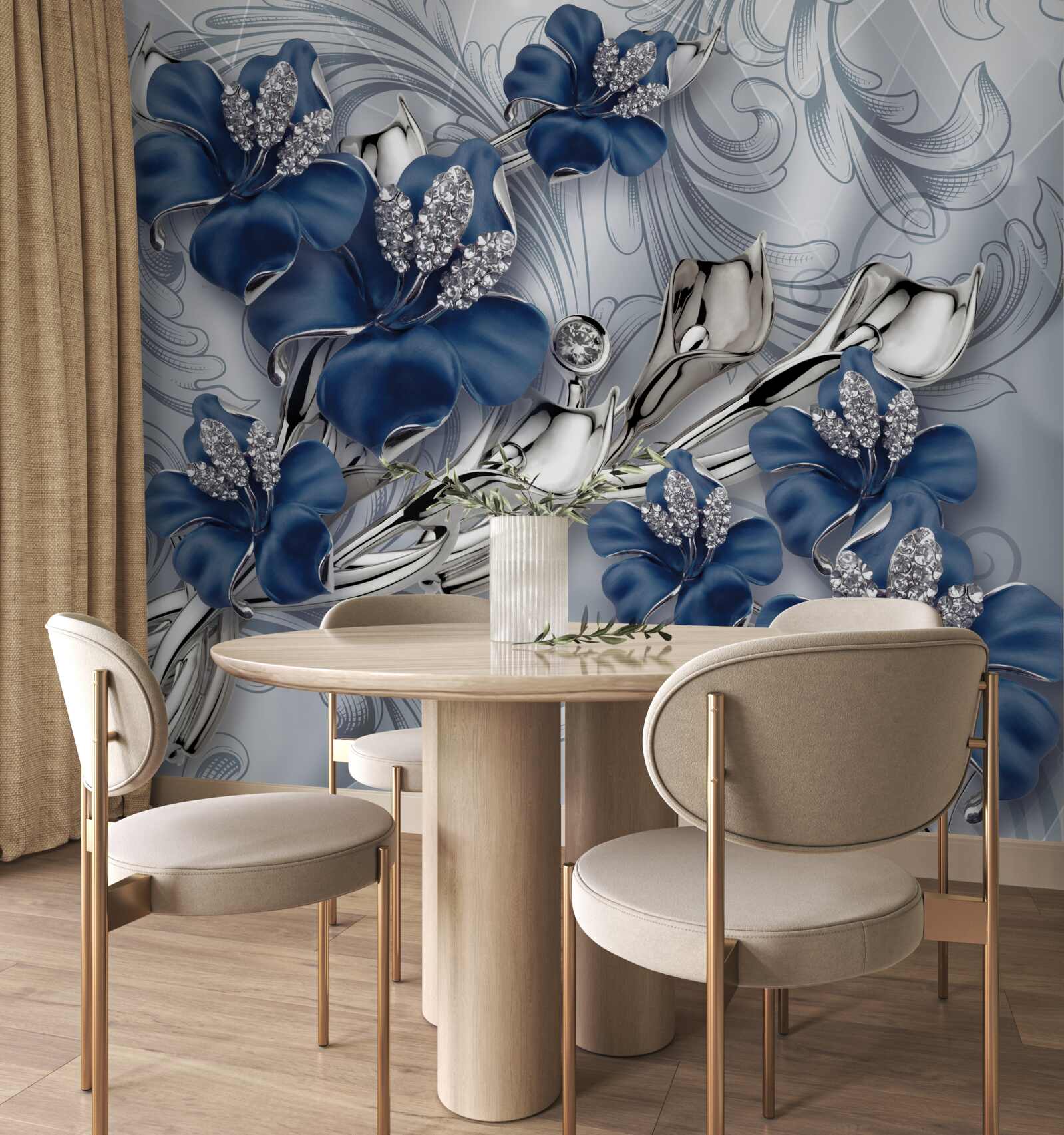 Fototapeta niebieskie kwiaty ze złotymi gałęziami i kamiennymi elementami