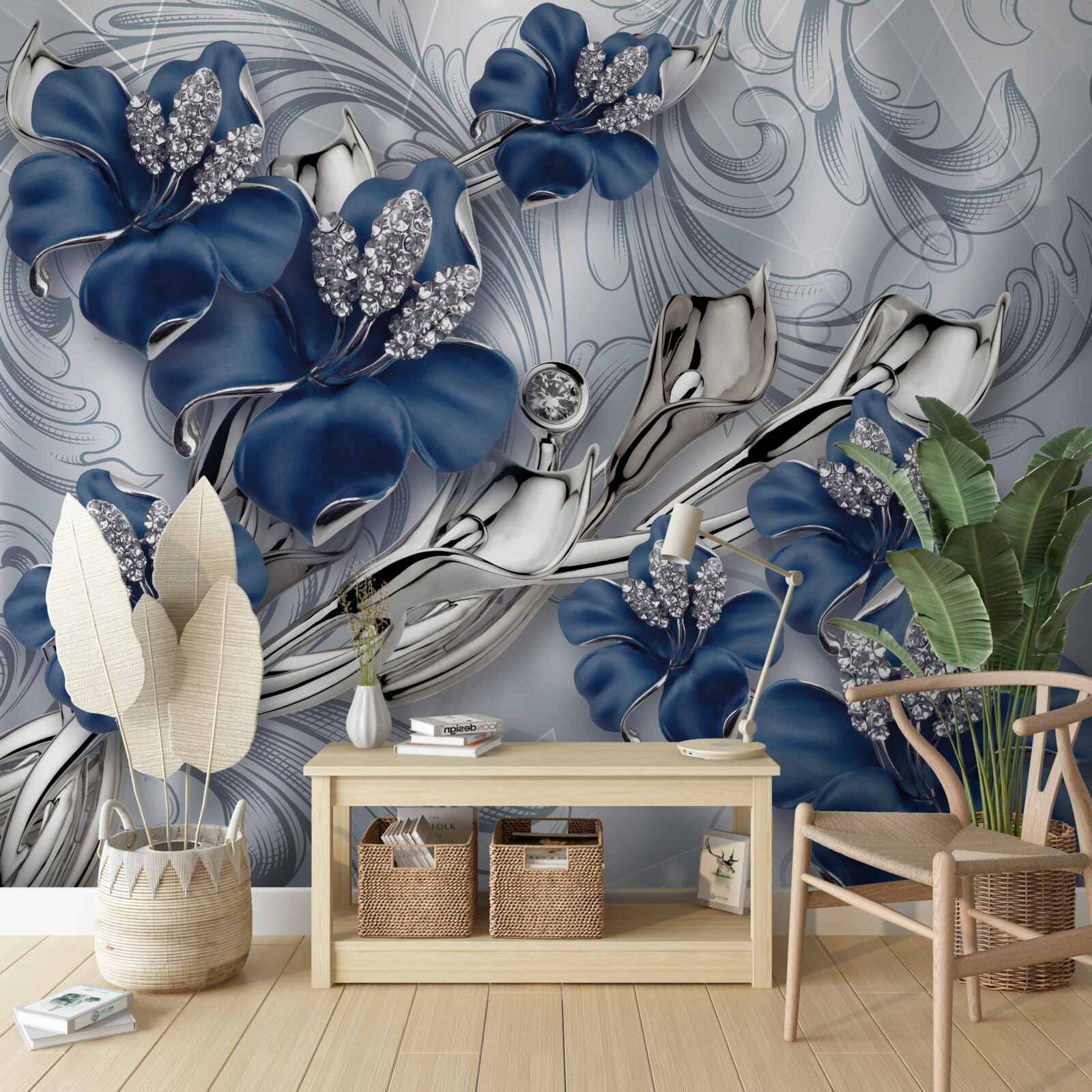 Fototapeta niebieskie kwiaty ze złotymi gałęziami i kamiennymi elementami