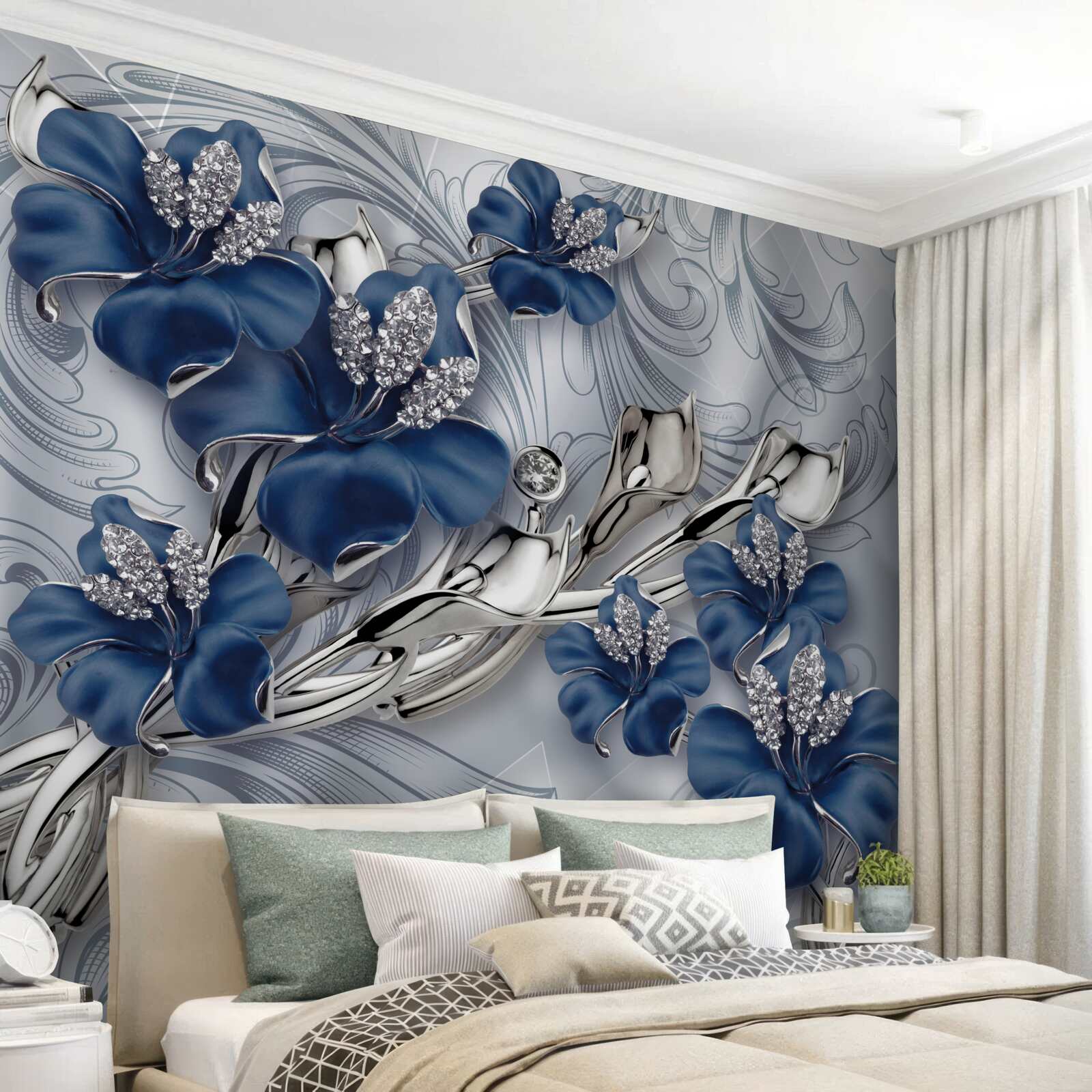 Fototapeta niebieskie kwiaty ze złotymi gałęziami i kamiennymi elementami