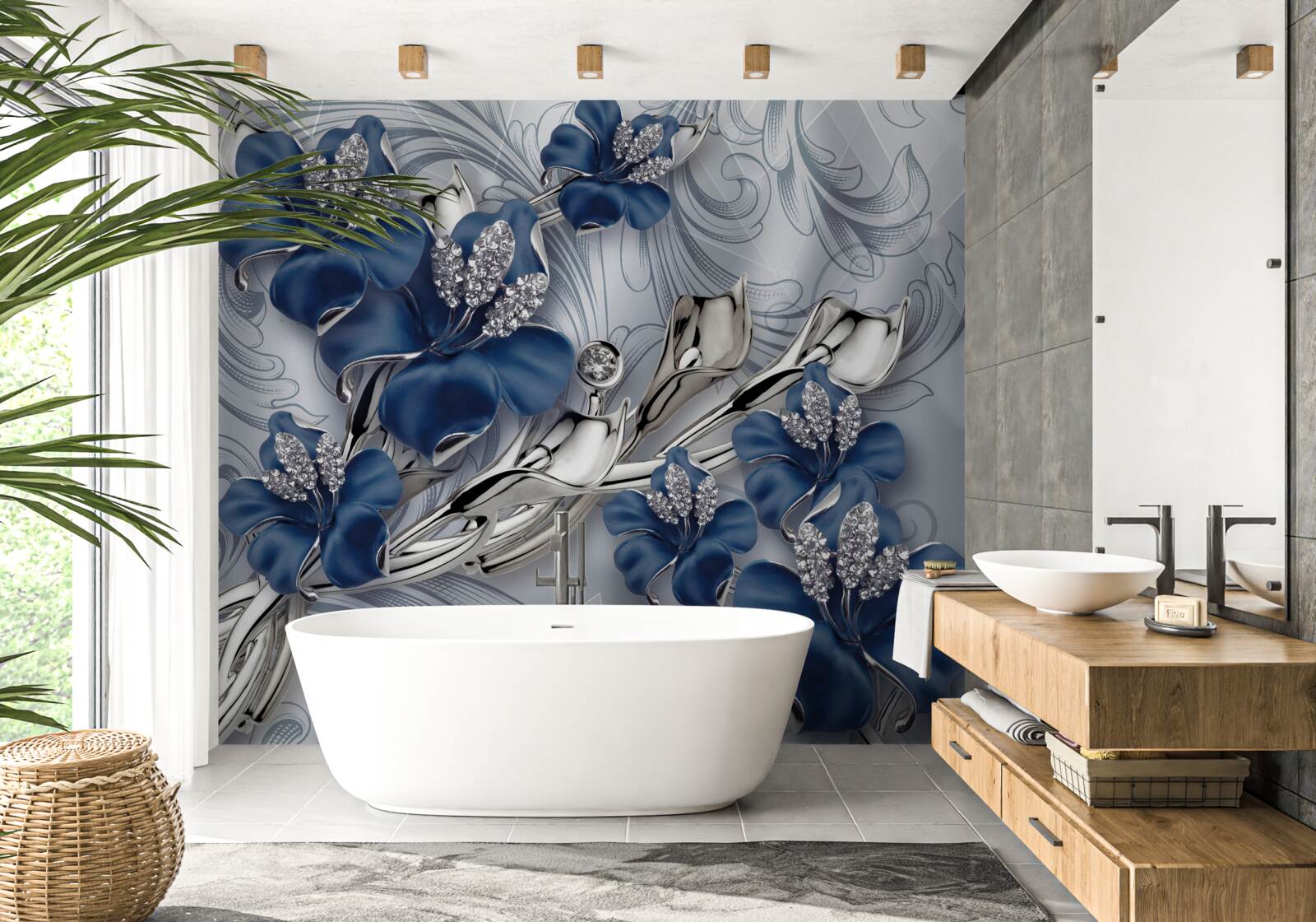 Fototapeta niebieskie kwiaty ze złotymi gałęziami i kamiennymi elementami