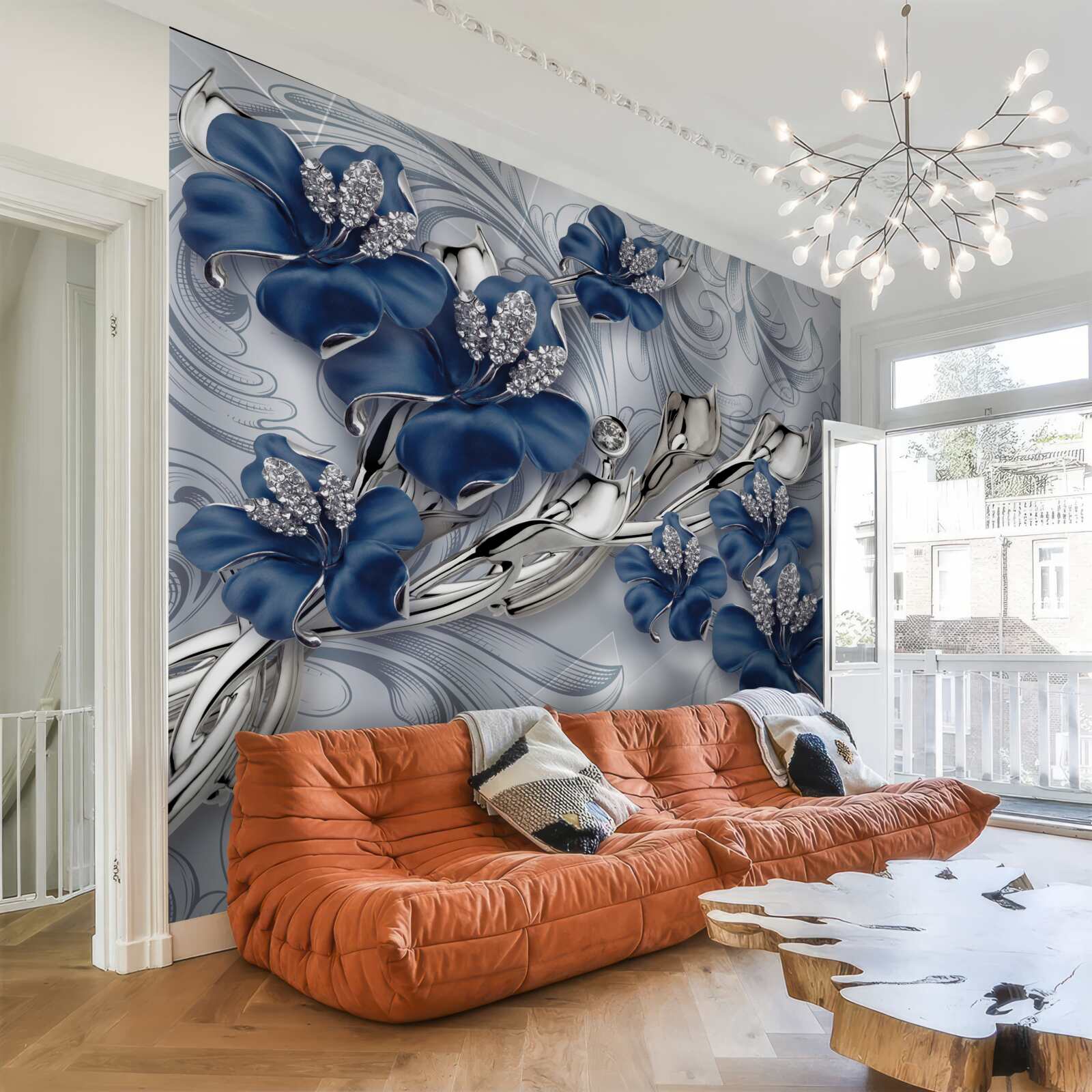 Fototapeta niebieskie kwiaty ze złotymi gałęziami i kamiennymi elementami