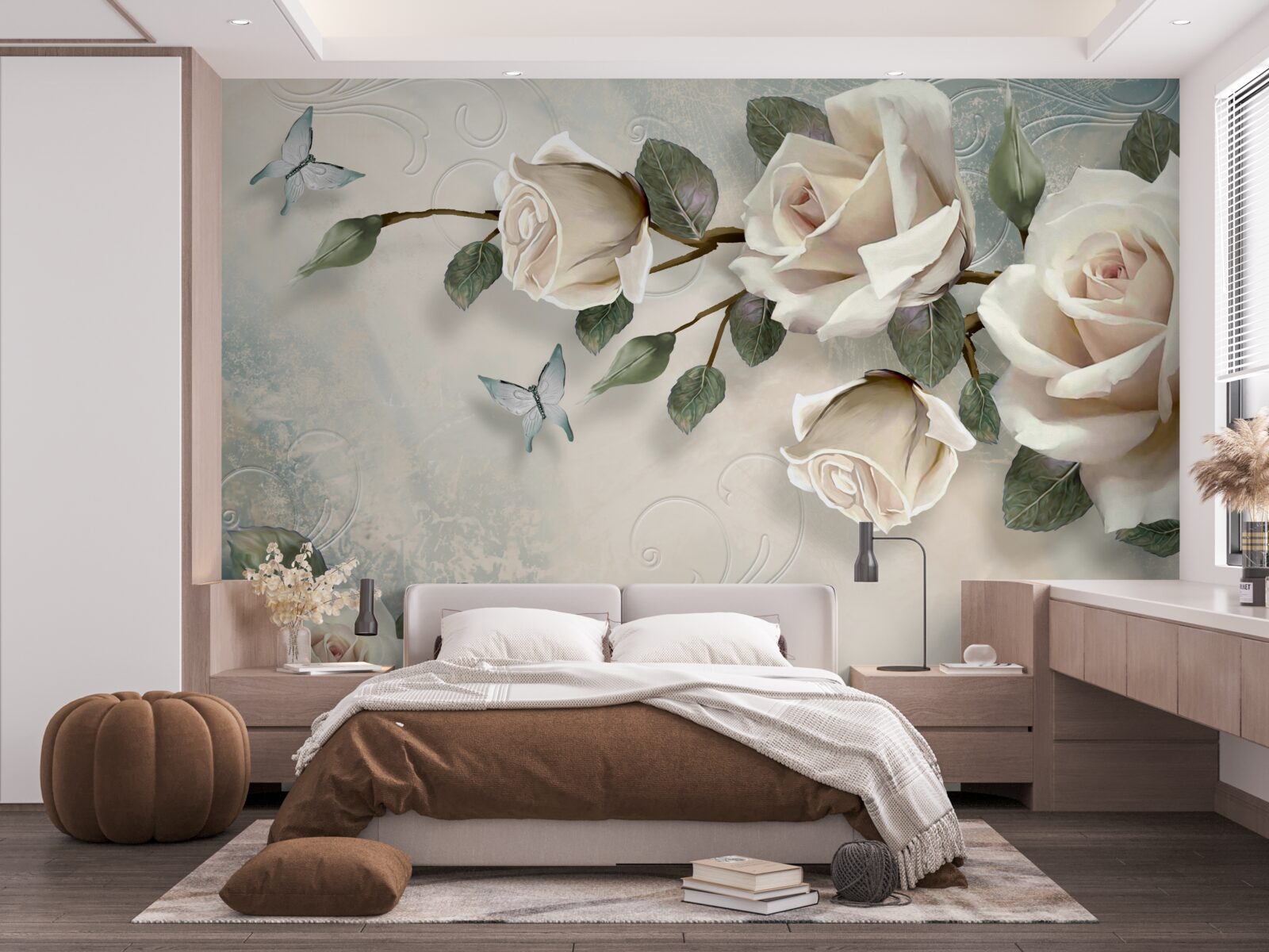 Fototapeta motyle i róże wypuszczają pąki