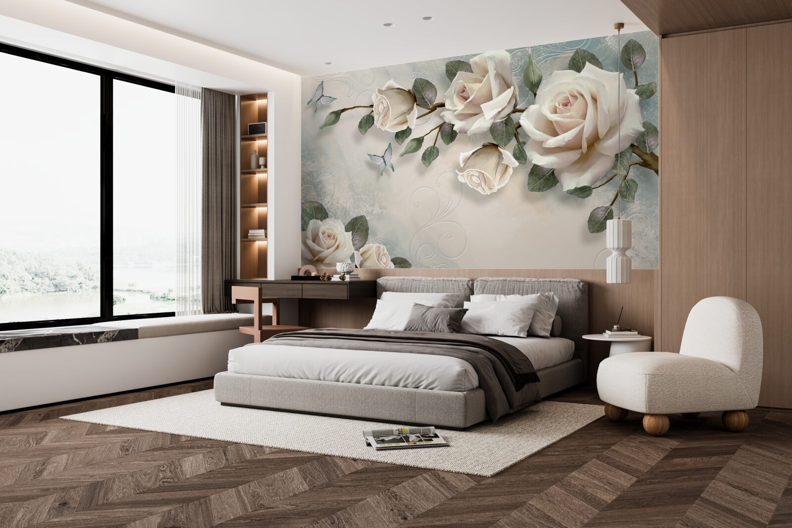 Fototapeta motyle i róże wypuszczają pąki