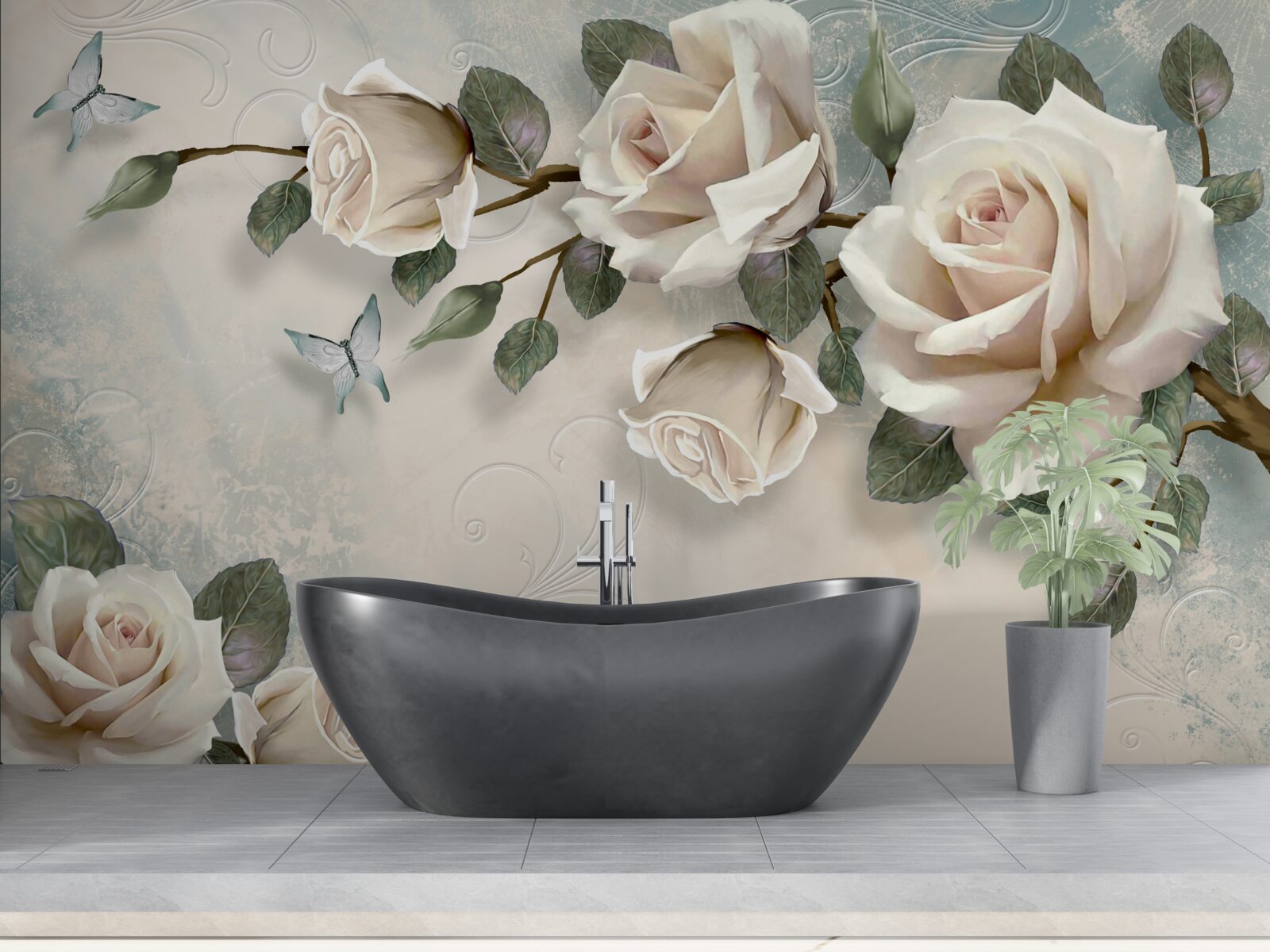 Fototapeta motyle i róże wypuszczają pąki