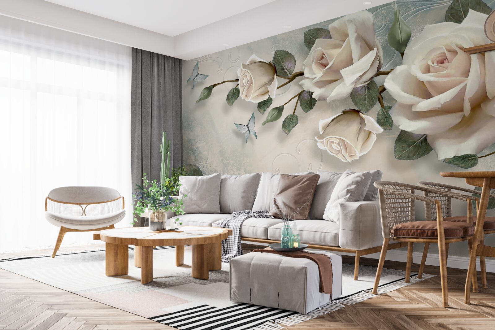 Fototapeta motyle i róże wypuszczają pąki