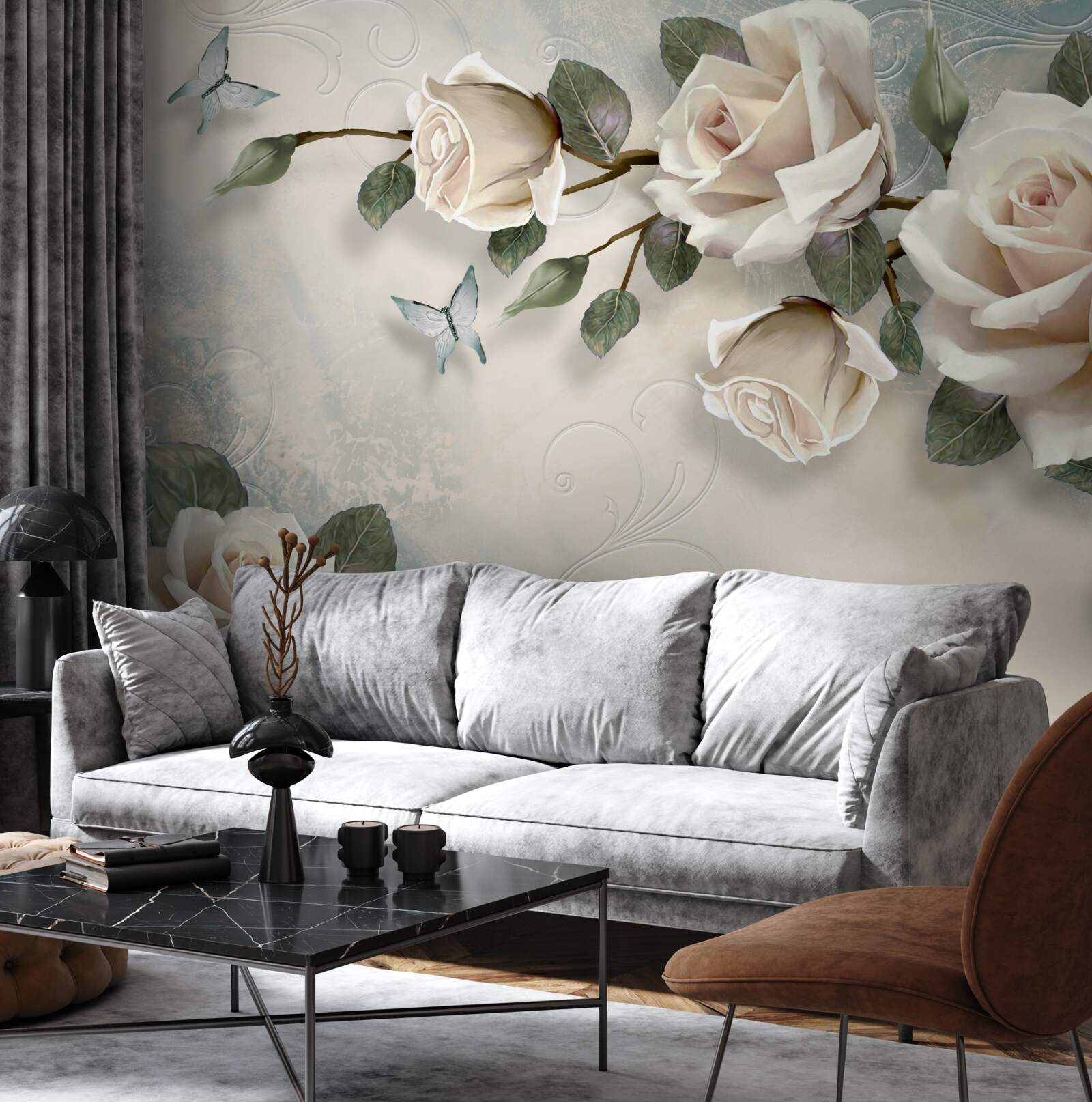 Fototapeta motyle i róże wypuszczają pąki