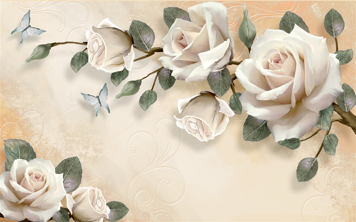 Fototapeta motyle i gałąź białej róży z krzaka