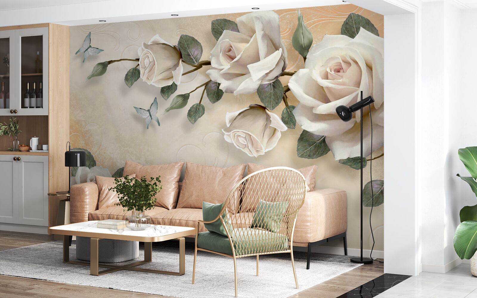 Fototapeta motyle i gałąź białej róży z krzaka