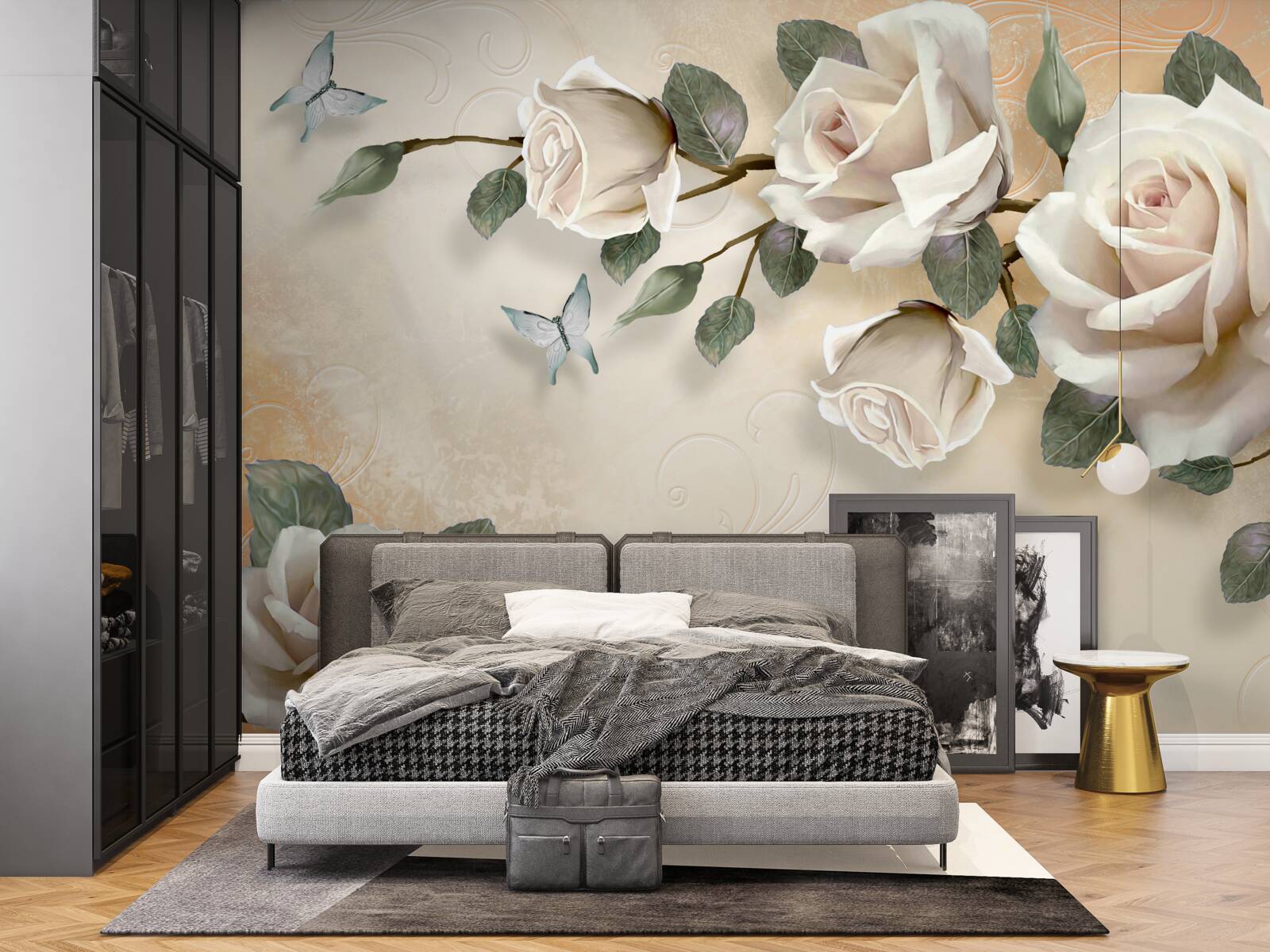 Fototapeta motyle i gałąź białej róży z krzaka