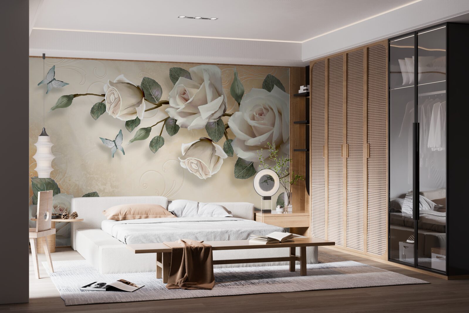 Fototapeta motyle i gałąź białej róży z krzaka