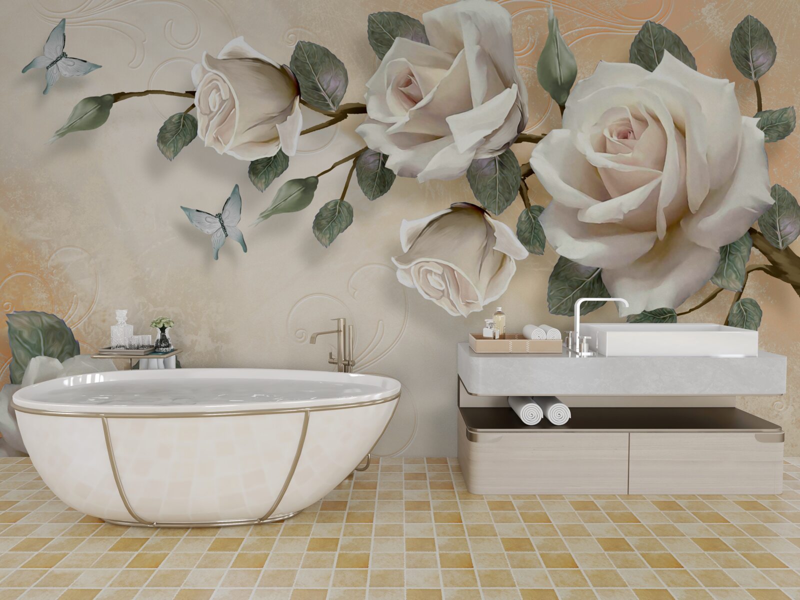 Fototapeta motyle i gałąź białej róży z krzaka