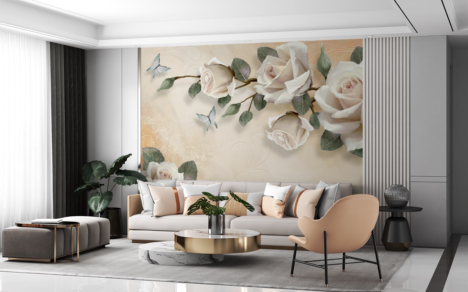 Fototapeta motyle i gałąź białej róży z krzaka