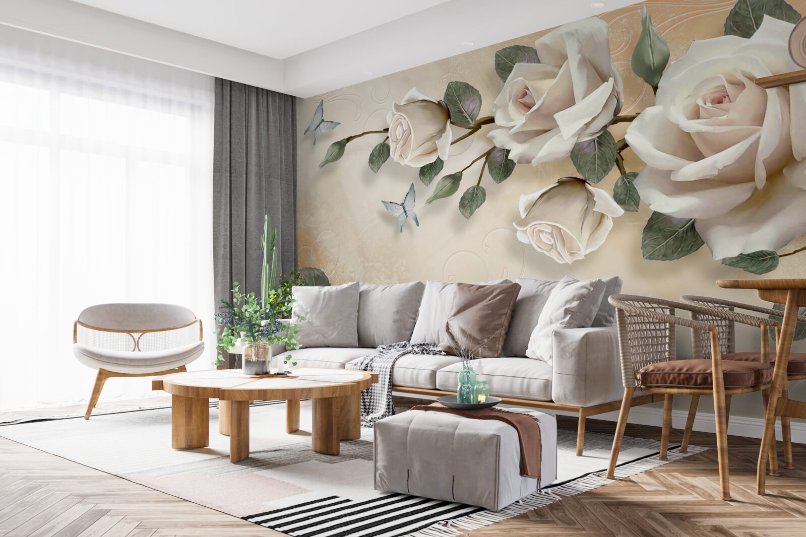 Fototapeta motyle i gałąź białej róży z krzaka