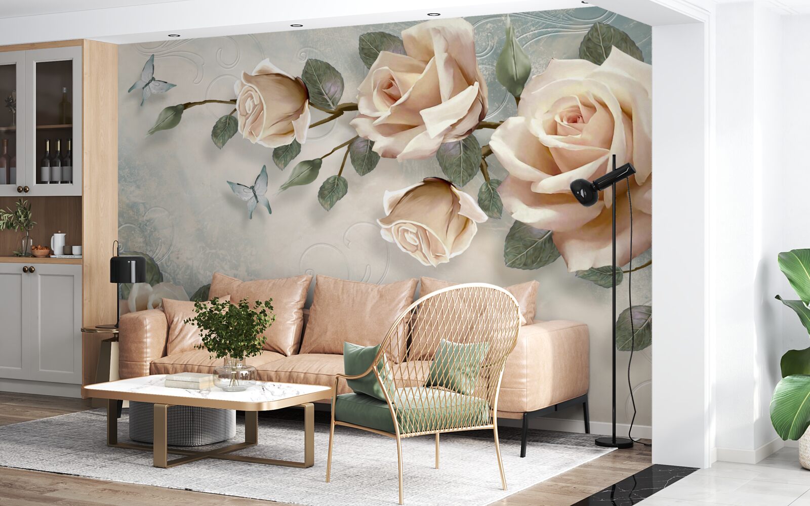 Fototapeta przelatuje brzoskwiniowa róża i białe motyle