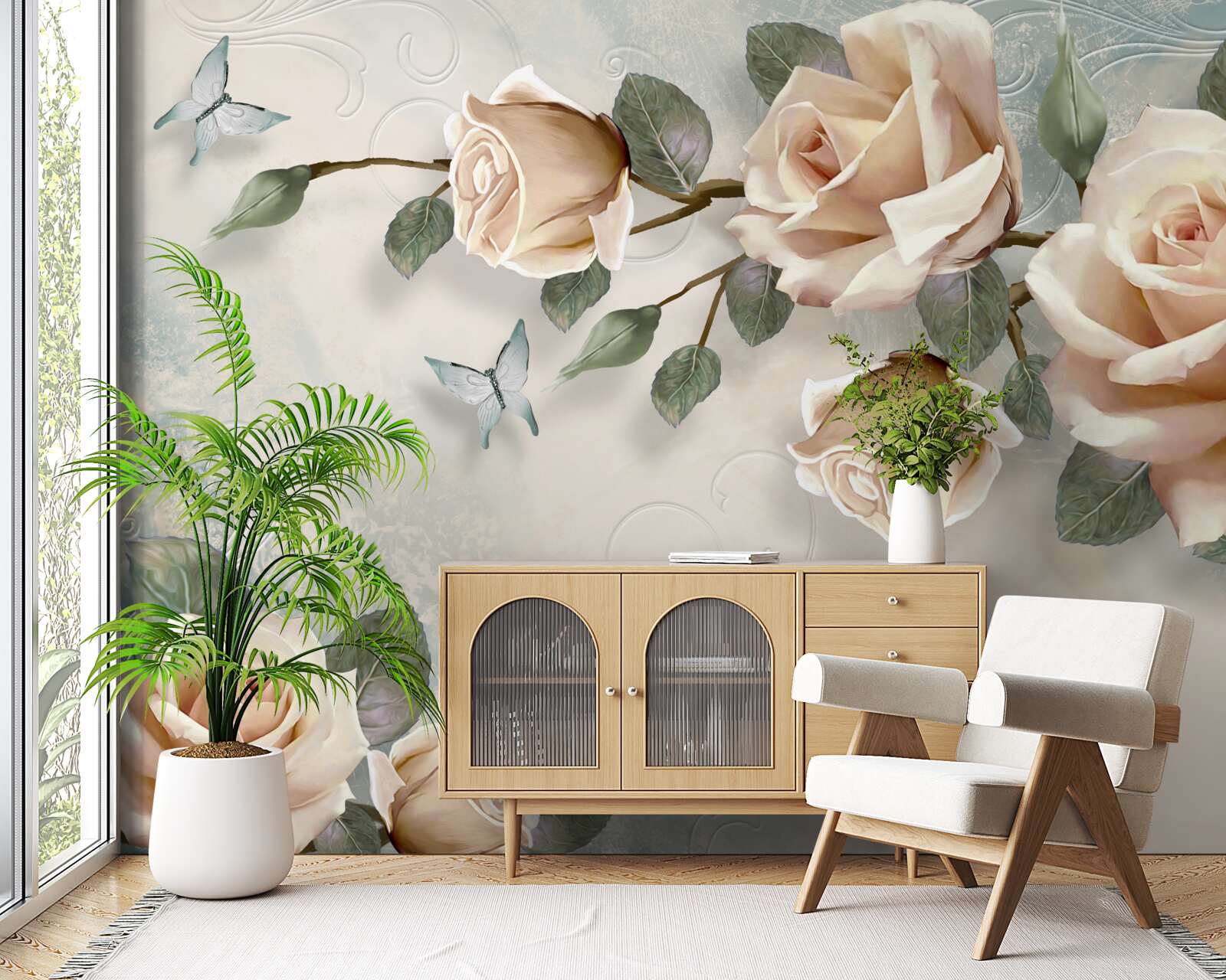 Fototapeta przelatuje brzoskwiniowa róża i białe motyle