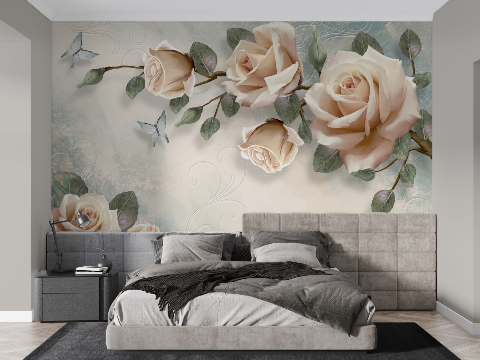 Fototapeta przelatuje brzoskwiniowa róża i białe motyle