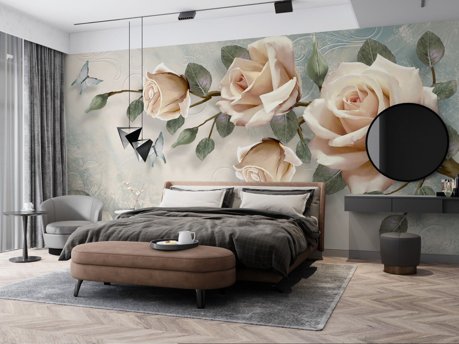 Fototapeta przelatuje brzoskwiniowa róża i białe motyle