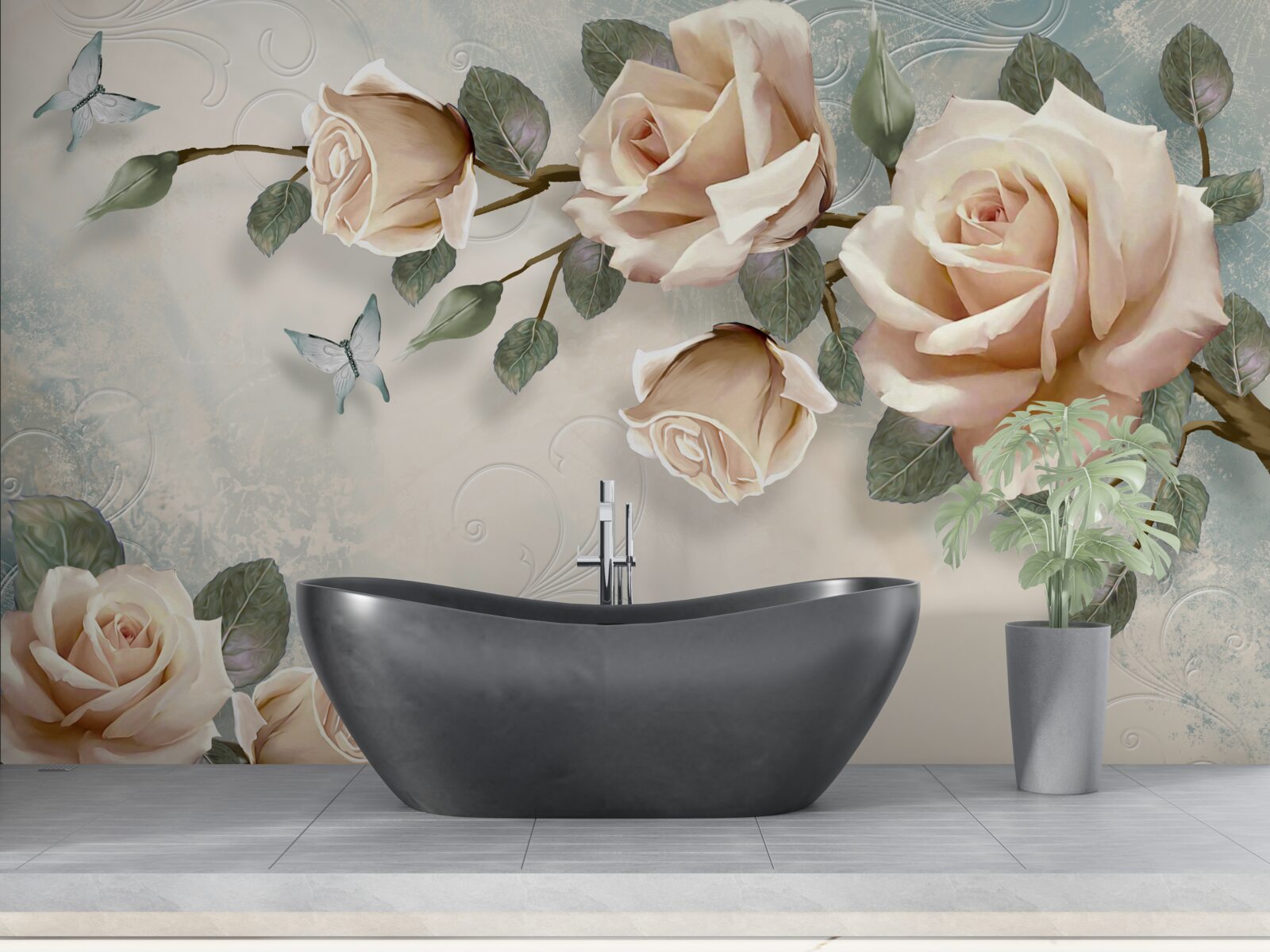 Fototapeta przelatuje brzoskwiniowa róża i białe motyle