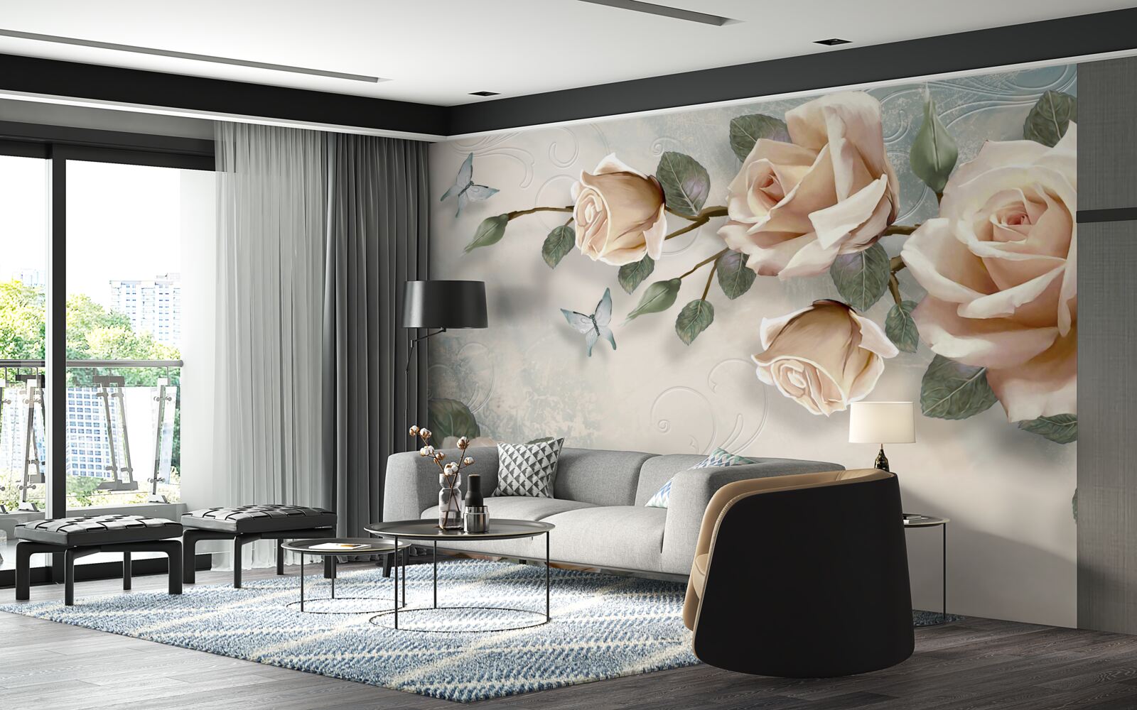 Fototapeta przelatuje brzoskwiniowa róża i białe motyle