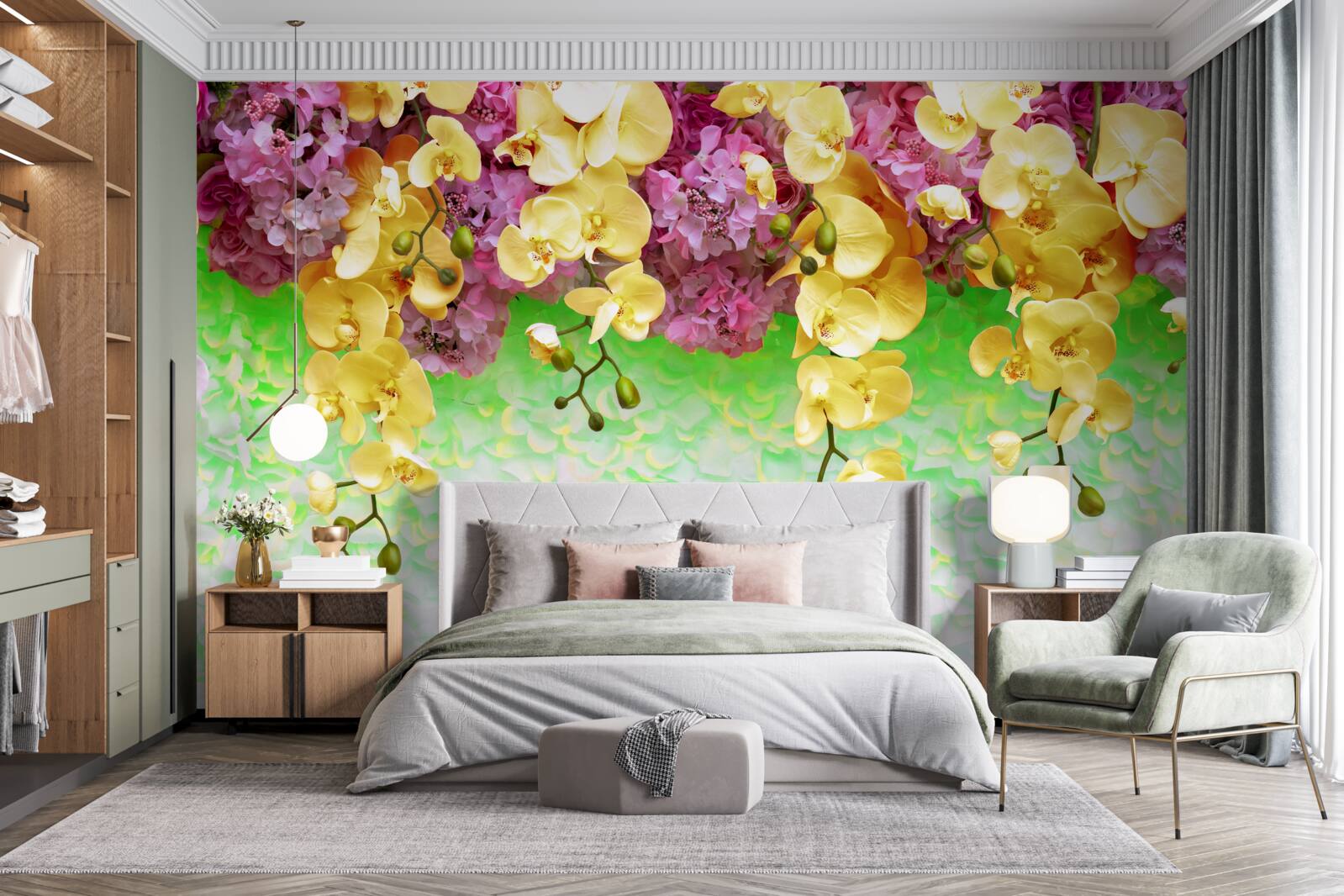 Fototapeta palne żółto-czerwone pąki na jasnej podstawie