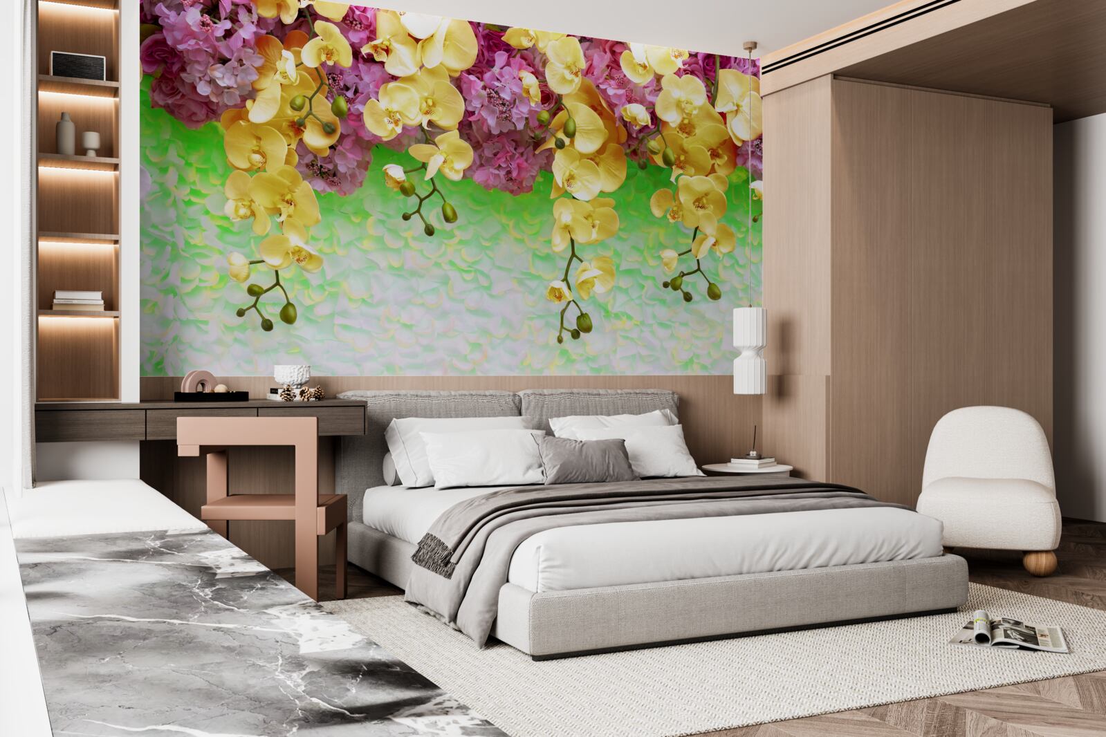 Fototapeta palne żółto-czerwone pąki na jasnej podstawie