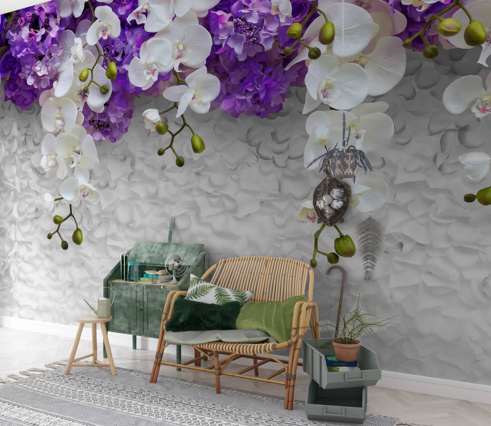 Fototapeta bariera fioletowych roślin i białej orchidei