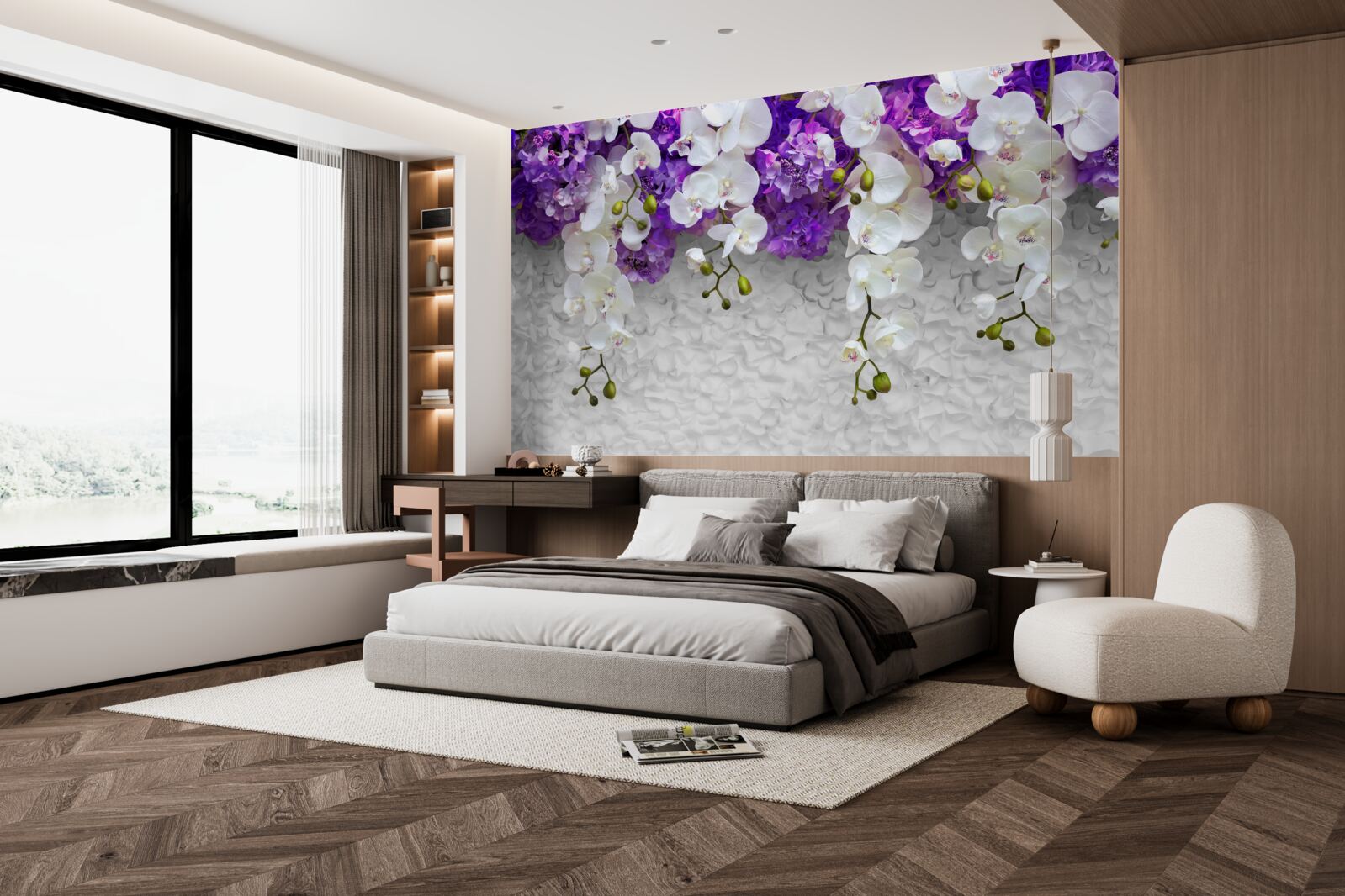 Fototapeta bariera fioletowych roślin i białej orchidei