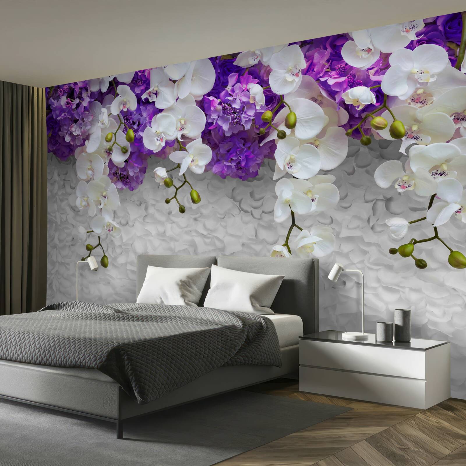 Fototapeta bariera fioletowych roślin i białej orchidei