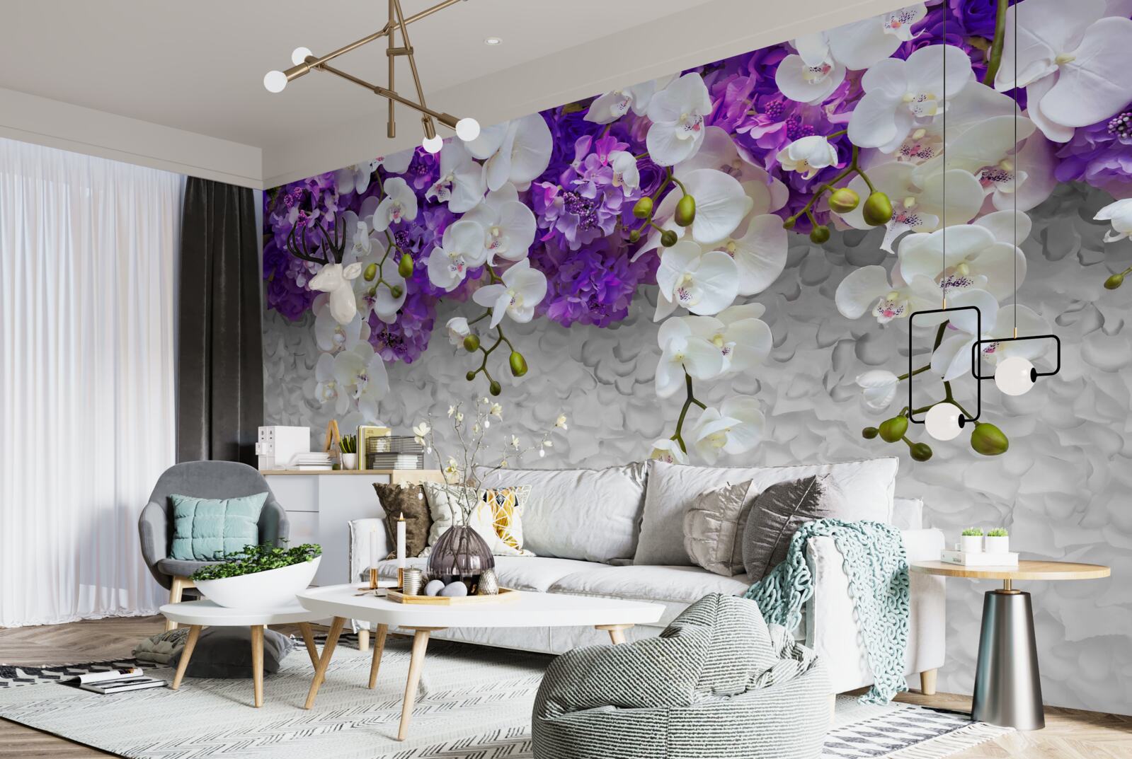 Fototapeta bariera fioletowych roślin i białej orchidei