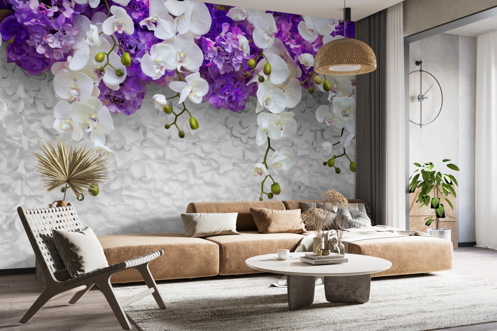 Fototapeta bariera fioletowych roślin i białej orchidei