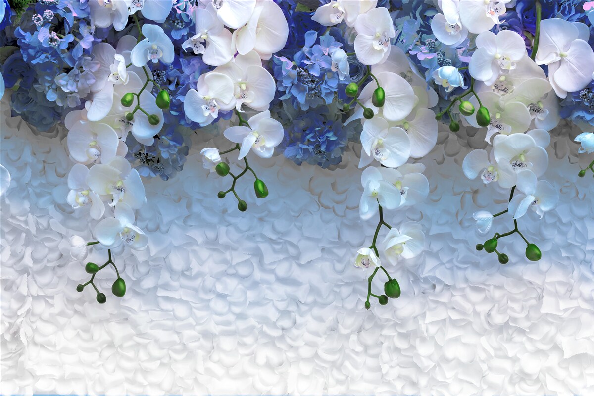 Fototapeta spadające niebieskie i białe kwiaty