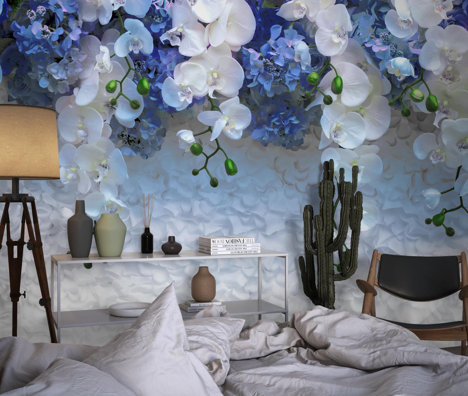 Fototapeta spadające niebieskie i białe kwiaty