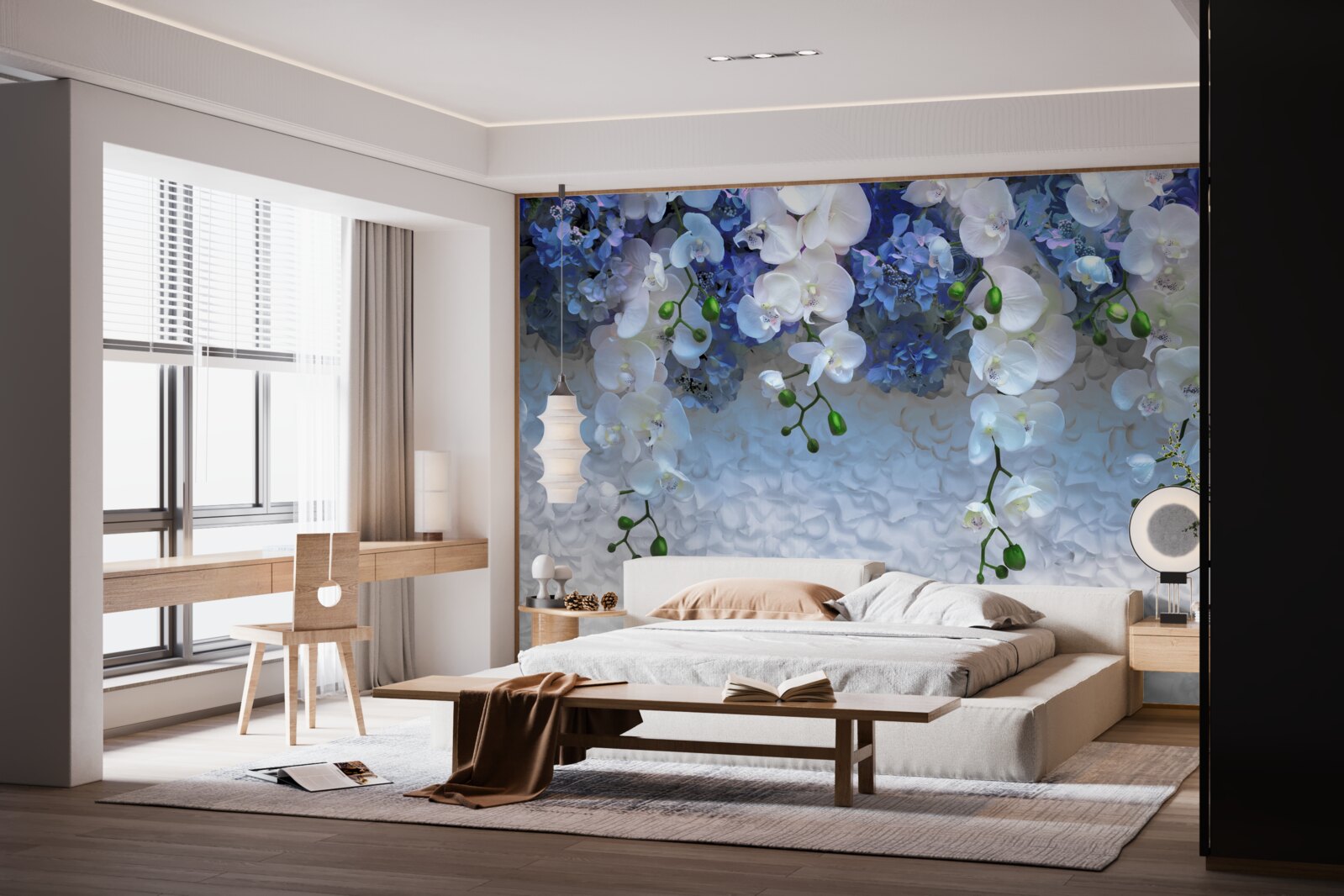 Fototapeta spadające niebieskie i białe kwiaty