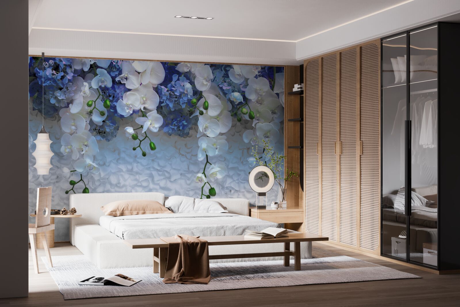 Fototapeta spadające niebieskie i białe kwiaty