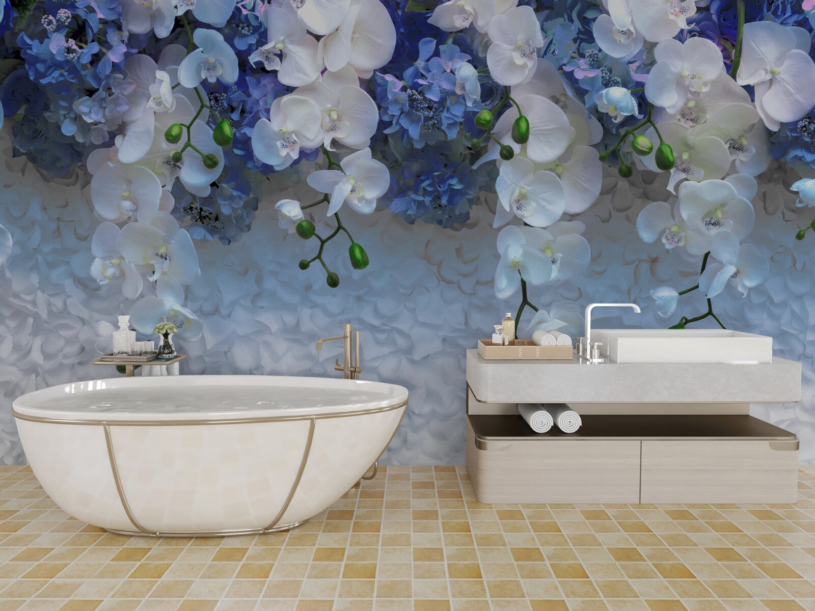 Fototapeta spadające niebieskie i białe kwiaty